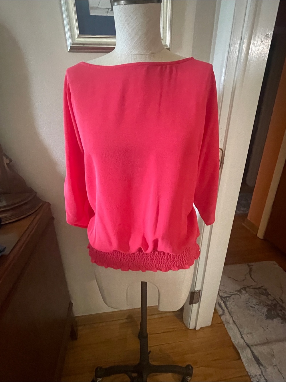 Bright Pink Boatneck Blouse with Shirred Hem Michael Kors Size Medium